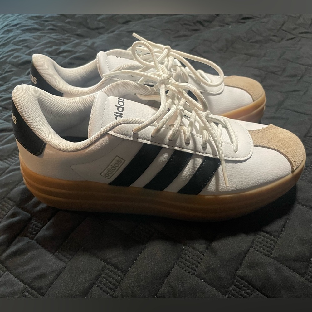 Adidas White and Black Sneakers with Tan Sole